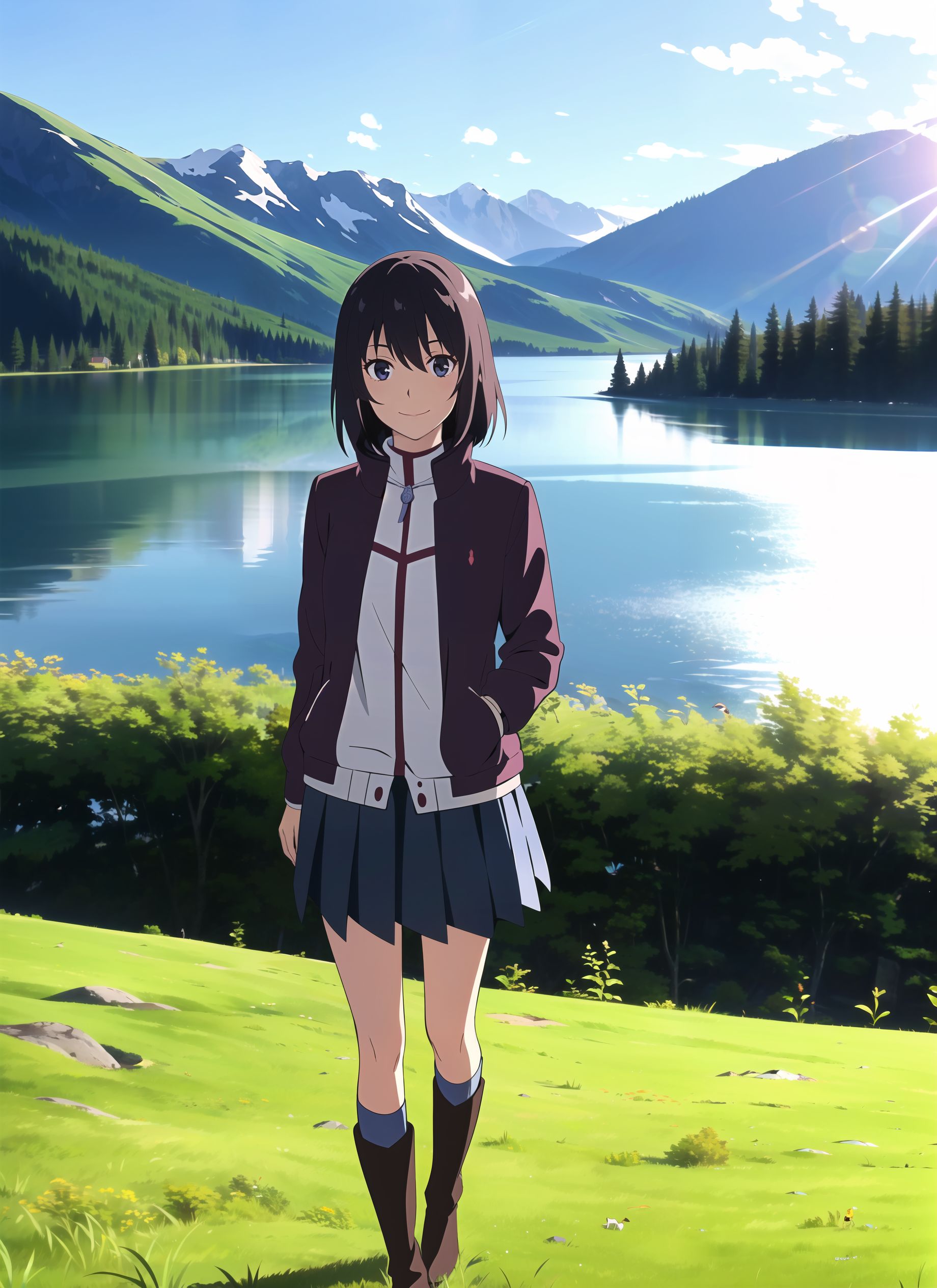 00351-471778445.0-_lora_animemix_v3_offset_1_ masterpiece, best quality, 1girl, solo, light smile, mountain, lake, meadow, panorama, jacket, kneeh.jpg